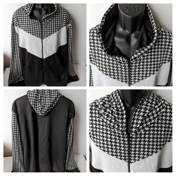 Colorblock Hooded Houndstooth Zip  Jacket Fashion Hoodie Women Plus Size 6XL B&W - Picture 1 of 10